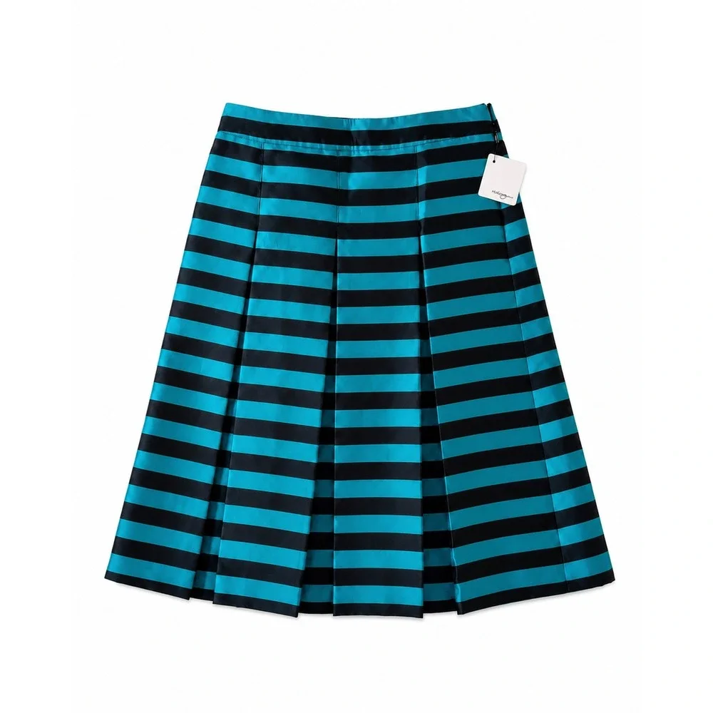 Halogen Teal Black Striped Pleated Midi Skirt Petite 0P NWT Nordstrom A-Line